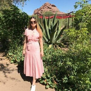 Lewit Pink White Striped Belted Midi Skirt